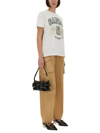 Ganni White Crewneck T-shirt With Maxi Logo On The Front
