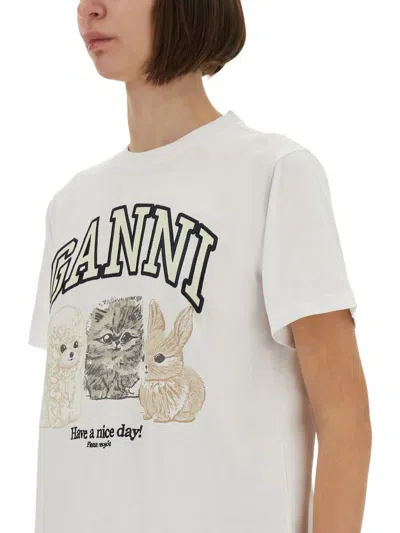 Ganni White Crewneck T-shirt With Maxi Logo On The Front