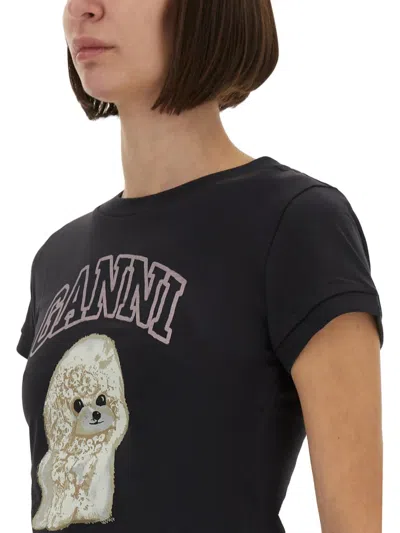 Ganni Women Black T-shirt With Round Neck And Maxi Logo On The Front In Cotton Woman