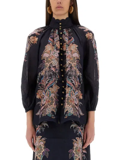 Zimmermann Rhiannon Billow Blue Blouse With High Neck And All-over Paisley Print In Ramie Woman