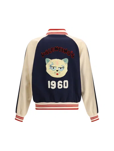 Valentino Sporty Bomber Jacket With Embroidered Details In Blue