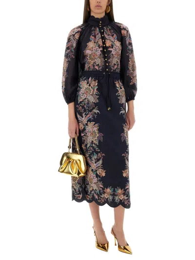 Zimmermann Rhiannon Billow Blue Blouse With High Neck And All-over Paisley Print In Ramie Woman