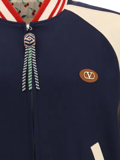 Valentino Sporty Bomber Jacket With Embroidered Details In Blue