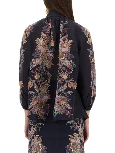 Zimmermann Rhiannon Billow Blue Blouse With High Neck And All-over Paisley Print In Ramie Woman