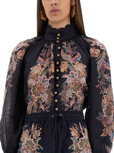 Zimmermann Rhiannon Billow Blue Blouse With High Neck And All-over Paisley Print In Ramie Woman