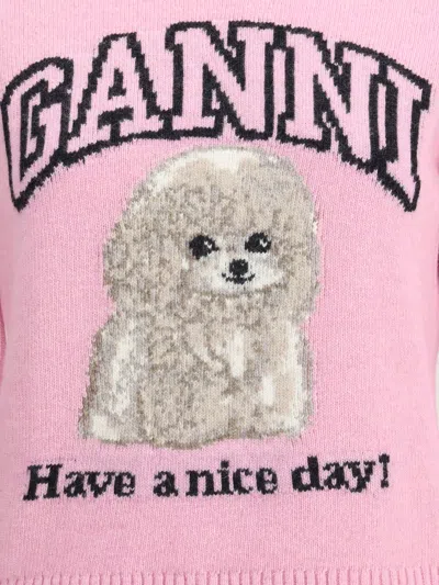 Ganni Wool Sweater With Poodle In Pink