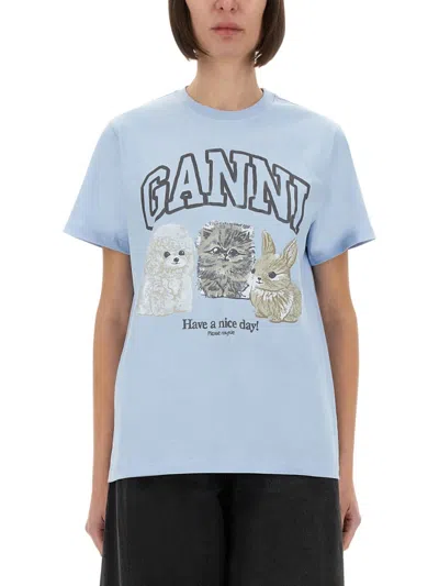 Ganni Light Blue Crewneck T-shirt With Maxi Logo On The Front In Blue