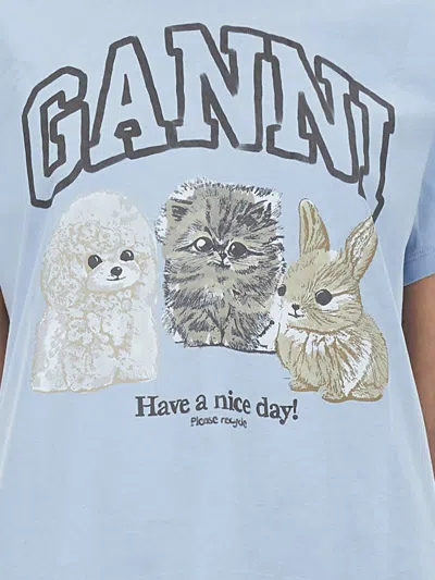Ganni Light Blue Crewneck T-shirt With Maxi Logo On The Front In Blue