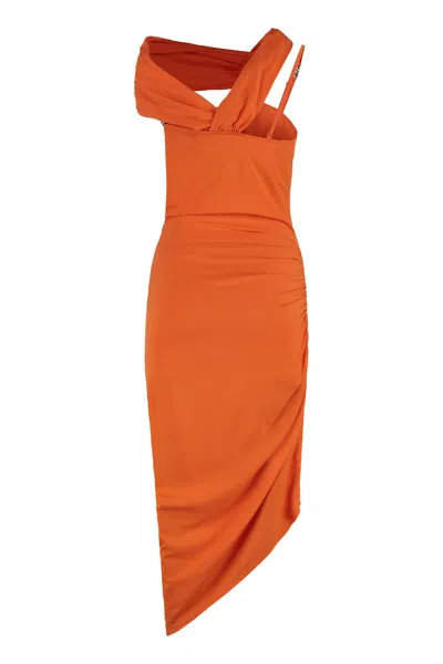 Versace Jeans Couture Draped Dress With Asymmetrical Neckline And Ruched Detailing In Orange