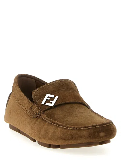 Fendi Men Driver Crosta Suede Loafers In Brown