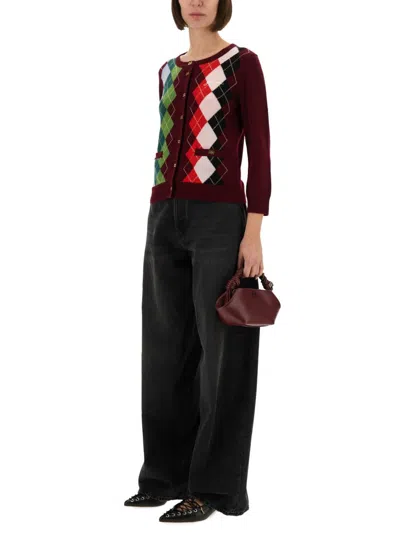 Ganni Womens Tawny Port Rhombus-print Round-neck Wool And Cashmere Cardigan Xl