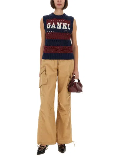Ganni Striped Openwork Vest With Logo Inlay