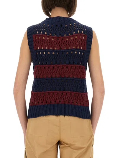 Ganni Striped Openwork Vest With Logo Inlay