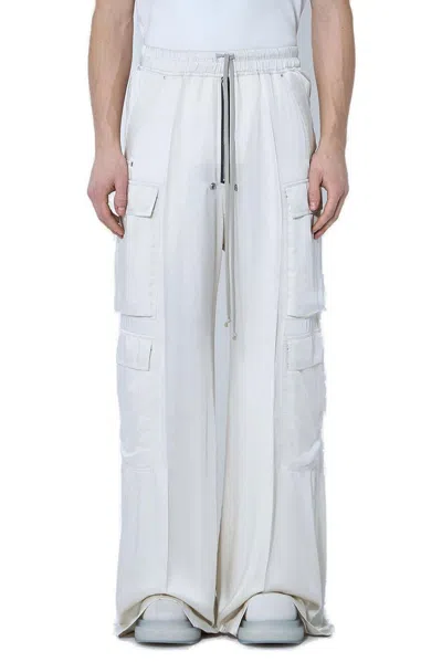 Rick Owens Satin Drawstring Cargo Pants In White
