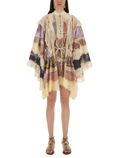 Zimmermann Rhiannon Billow Long Sleeve Lace Trim Minidress In Neutral
