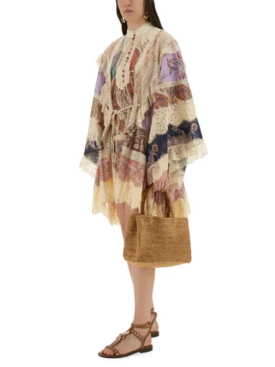 Zimmermann Rhiannon Billow Long Sleeve Lace Trim Minidress In Neutral