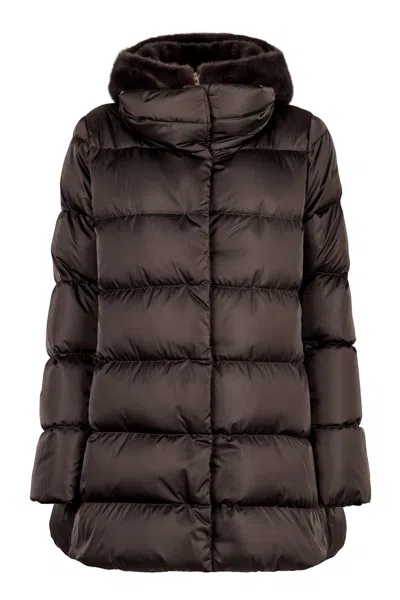 Herno Hooded Techno Fabric Down Jacket In Brown