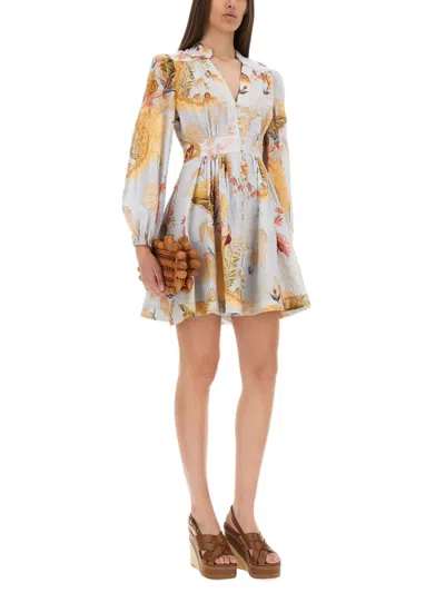Zimmermann Ascension Light Blue Mini Dress With Flared Skirt And All-over Print In Linen Woman