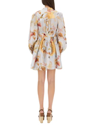 Zimmermann Ascension Light Blue Mini Dress With Flared Skirt And All-over Print In Linen Woman