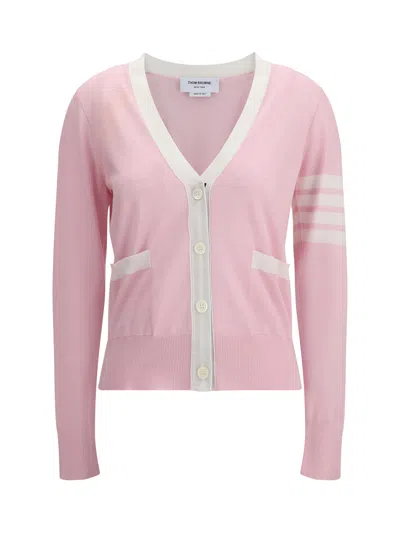 Thom Browne Relaxed Fit V Neck Cardigan With 4 Bar Stripe In Pink