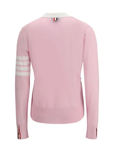 Thom Browne Relaxed Fit V Neck Cardigan With 4 Bar Stripe In Pink