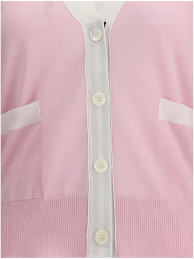 Thom Browne Relaxed Fit V Neck Cardigan With 4 Bar Stripe In Pink