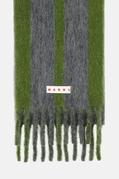 Marni Grey Mohair Blend Scarf With Fringes In Green