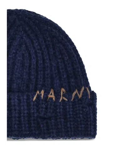 Marni Dark Blue Logo Beanie Hat In Blue
