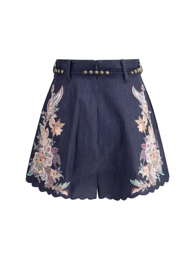 Zimmermann Rhiannon Blue Shorts With Removable Belt And Floral Embroidery On The Side In Linen Woman In Blue