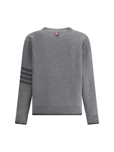 Thom Browne Grey Cardigan With V Neck And Striped Detail On The Sleeve In Wool Man In Gray