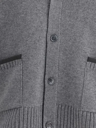 Thom Browne Grey Cardigan With V Neck And Striped Detail On The Sleeve In Wool Man In Gray