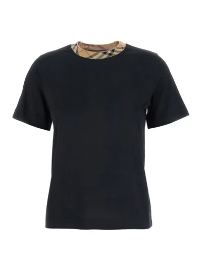 Burberry Black Crewneck T-shirt With Ckeck Motif On The Collar In Cotton Woman
