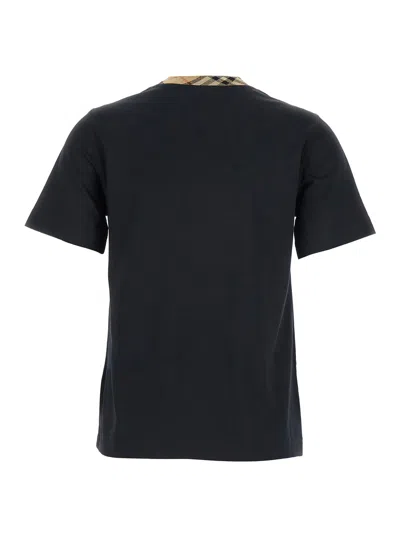 Burberry Black Crewneck T-shirt With Ckeck Motif On The Collar In Cotton Woman