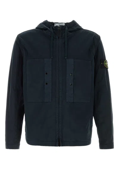 Stone Island Short Parka With Elastic Hem And Hood In Blue