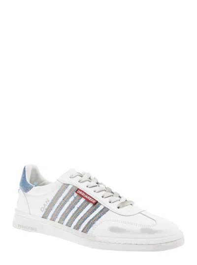Dsquared2 White Low Top Sneakers With Logo Patch On Tongue And Side And Contrasting Heel With Logo In Blue