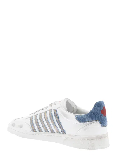 Dsquared2 White Low Top Sneakers With Logo Patch On Tongue And Side And Contrasting Heel With Logo In Blue