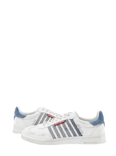 Dsquared2 White Low Top Sneakers With Logo Patch On Tongue And Side And Contrasting Heel With Logo In Blue