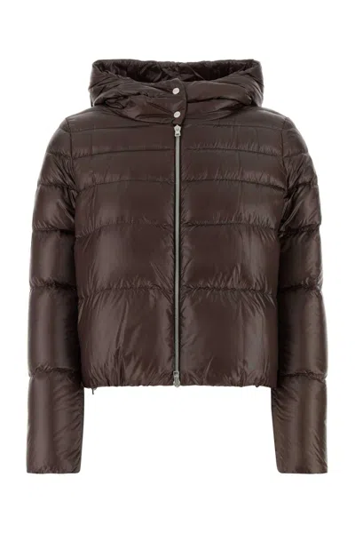 Herno Brown Cropped Down Jacket With Fixed Hood With Snap Buttons In Tech Fabric Woman In Brown