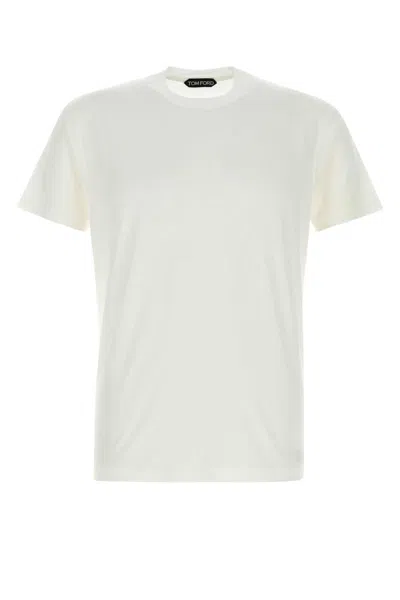 Tom Ford White Crewneck T-shirt With Tf Embroidery In Lyocell And Cotton Blend Man