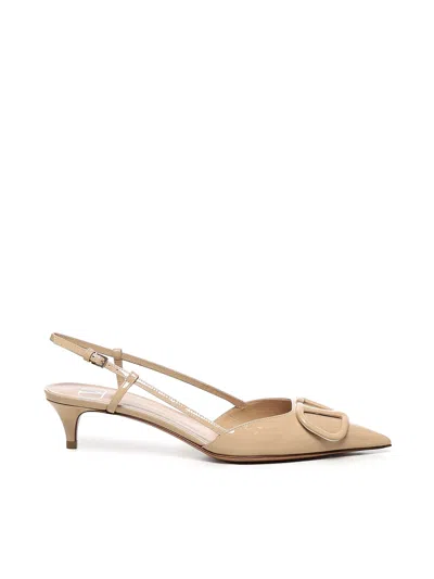 Valentino Garavani Beige Slingback Pumps With Vlogo Plaque And Low Stiletto Heel In Leather Woman In Neutral