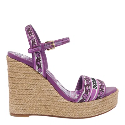Dolce & Gabbana Violet Wedges With Logo Embroidery On The Front And All-over Majolica Motif In Cotton Blend Woman