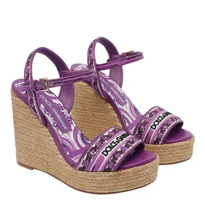 Dolce & Gabbana Violet Wedges With Logo Embroidery On The Front And All-over Majolica Motif In Cotton Blend Woman