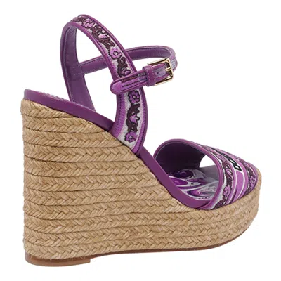 Dolce & Gabbana Violet Wedges With Logo Embroidery On The Front And All-over Majolica Motif In Cotton Blend Woman