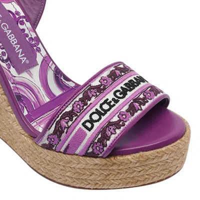 Dolce & Gabbana Violet Wedges With Logo Embroidery On The Front And All-over Majolica Motif In Cotton Blend Woman