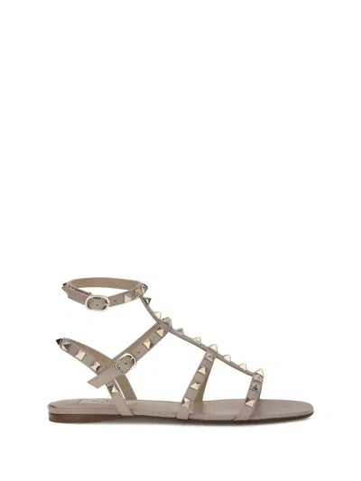 Valentino Round Toe Studded Leather Sandals In Neutral