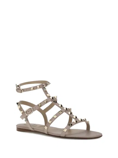 Valentino Round Toe Studded Leather Sandals In Neutral