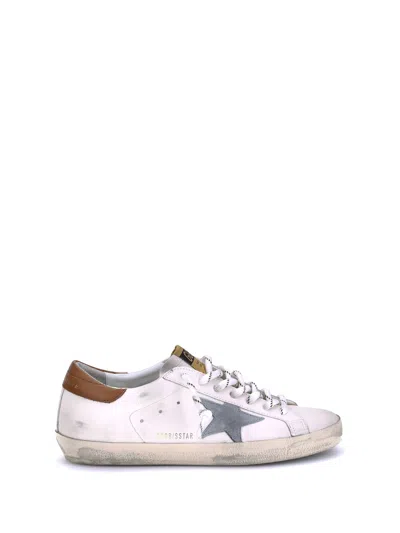 Golden Goose Super-star White Leather Sneakers With Grey Suede Star And Brown Heel In White