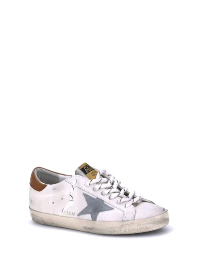 Golden Goose Super-star White Leather Sneakers With Grey Suede Star And Brown Heel In White