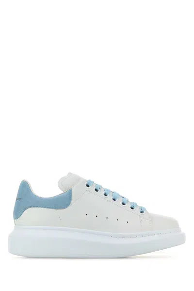 Alexander Mcqueen White Leather Sneakers With Pastel Light Blue Suede Heel In Blue
