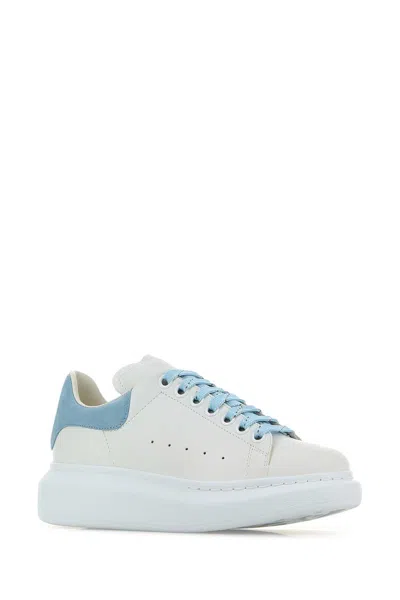 Alexander Mcqueen White Leather Sneakers With Pastel Light Blue Suede Heel In Blue
